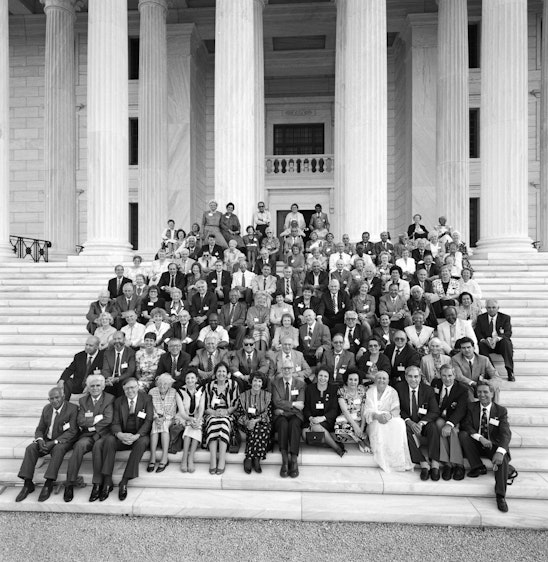 Knights of Bahá'u'lláh gather on the steps of the Seat of the Universal House of Justice, May 1992