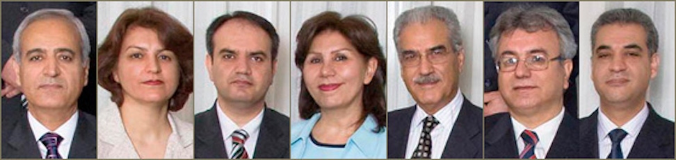 The seven imprisoned Bahá’í leaders whose trial began on 12 January 2010 are, from left, Behrouz Tavakkoli, Fariba Kamalabadi, Vahid Tizfahm, Mahvash Sabet; Jamaloddin Khanjani, Saeid Rezaie, and Afif Naeimi