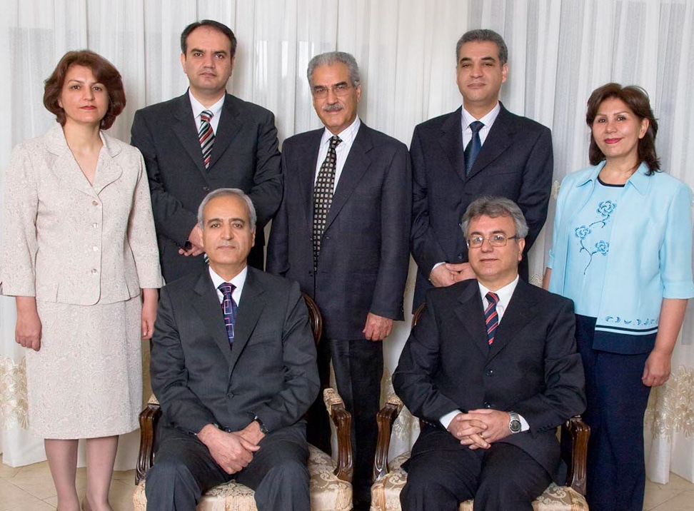 The seven Bahá’ís arrested in 2008 whose trial began on 12 January 2010 are, seated from left, Behrouz Tavakkoli and Saeid Rezaie, and, standing, Fariba Kamalabadi, Vahid Tizfahm, Jamaloddin Khanjani, Afif Naeimi, and Mahvash Sabet. All are from Tehran. The photograph was taken several months before their arrest