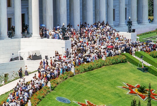 Participants gathered on the Arc in front of the Seat of the Universal House of Justice at the opening of the Terraces of the Shrine of the Báb, May 2001