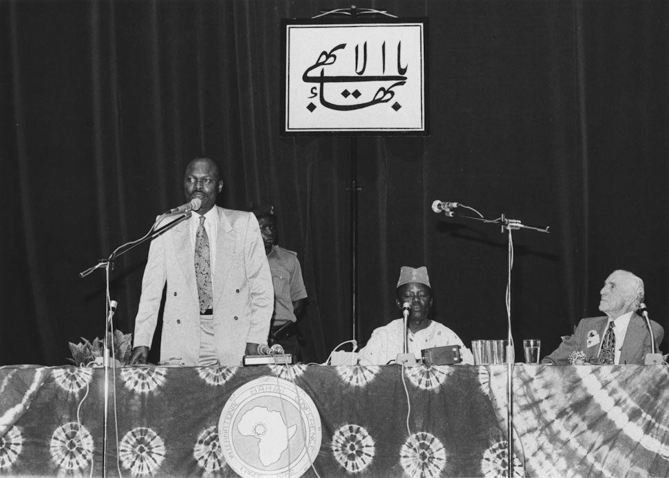 International Teaching Conference, with Hand of the Cause John Robarts (right), Lagos, Nigeria, August 1982