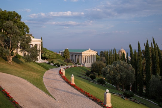 View from the Arc on Mount Carmel of the Centre for the Study of the Sacred Texts (left), the International Archives Building (centre), and the Shrine of the Báb (right) 