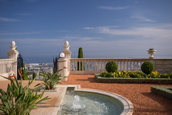 A fountain on the terraces overlooking Haifa Bay 