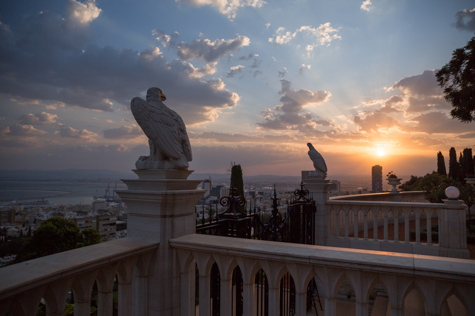 Sunrise over Haifa and the bay, viewed from the terraces above the Shrine of the Báb 