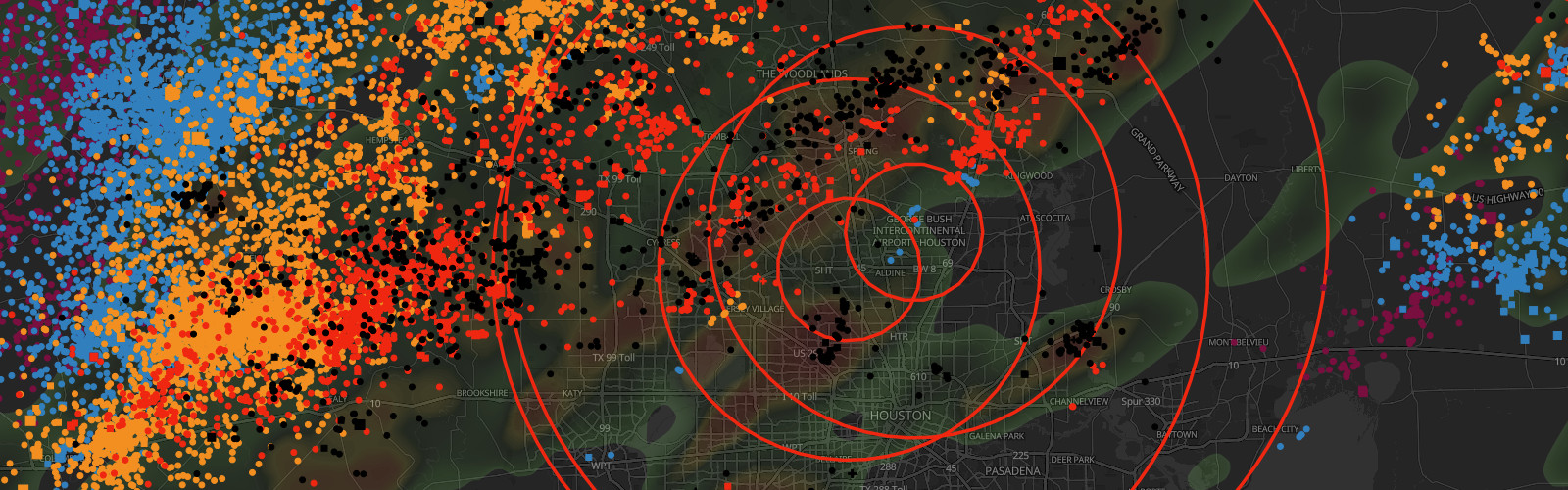 Map showing lightning activity and active lightning alert rings around Houston, Texas