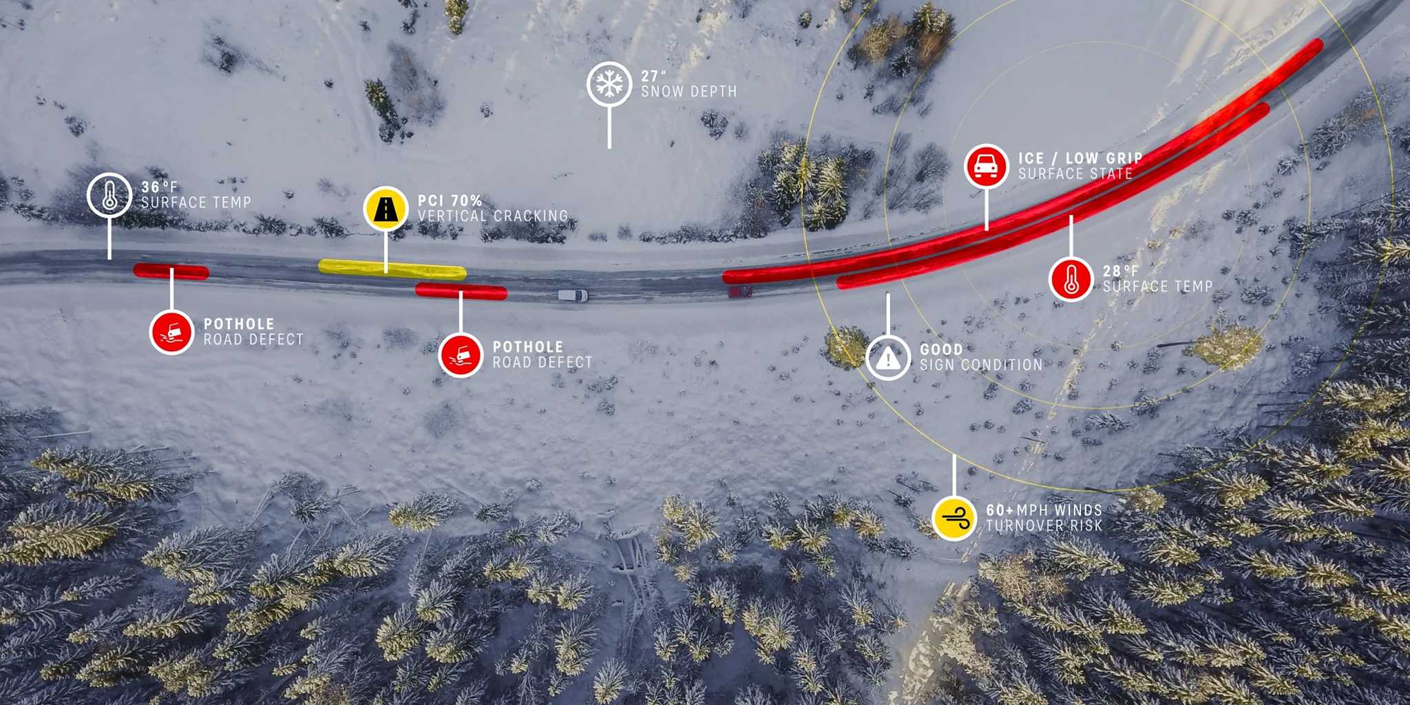 Xcast Demonstration displaying a landscape with highlighted pins demonstrating road conditions.