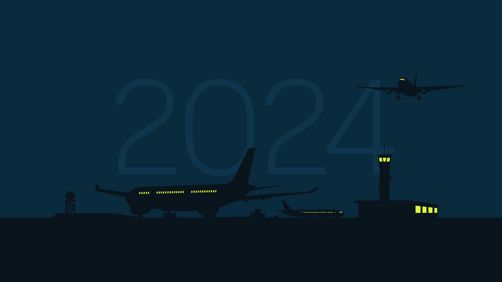 Illustration of an airport at night overlaid with "2024" in large type.