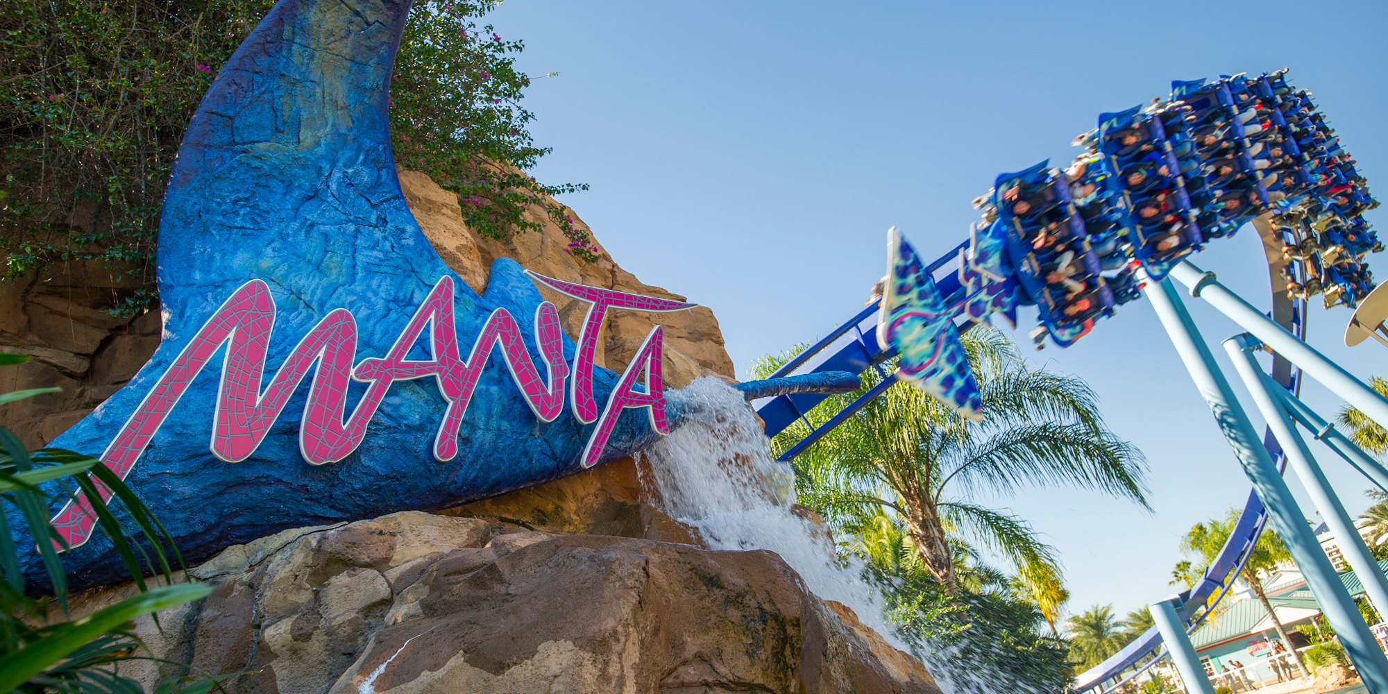Manta Sign with Ride Running in Background at SeaWorld