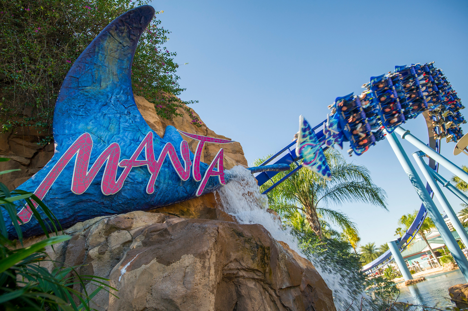 Manta Sign with Ride Running in Background at SeaWorld