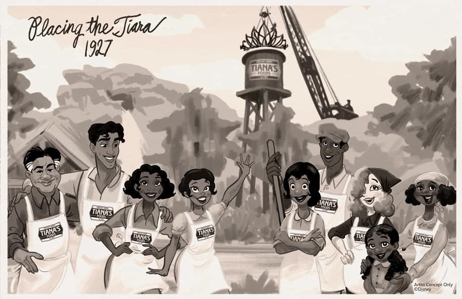 Black and White "Photo" of Tiana and Her Friends for Tiana's Bayou Adventure