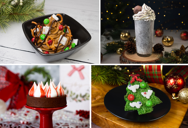 Reindeer Chow Sundae, Lump of Coal in Your Stocking Milkshake, Candy Cane Tart and Magic Holiday Tree Treats from Mickey's Very Merry Christmas Party
