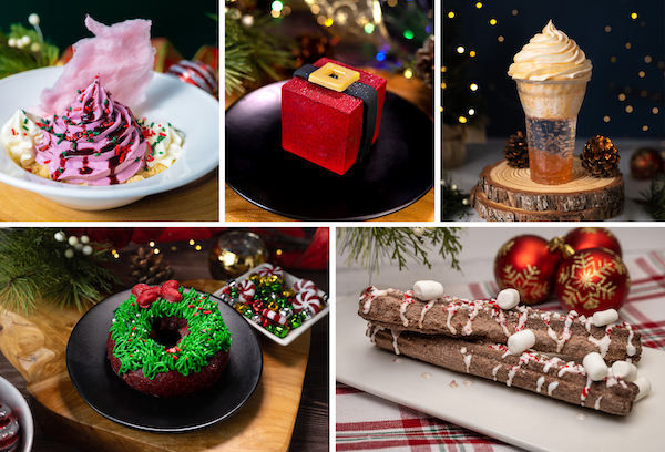 Sugar Plum Sundae, Santa's Belt Buckle, Cranberry Citrus Float, Red Velvet Wreath and Hot Cocoa Churro for Mickey's Very Merry Christmas Party