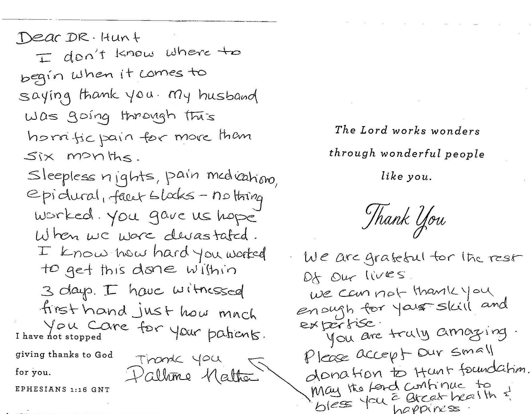 Handwritten thank you letter to Hunt Spine