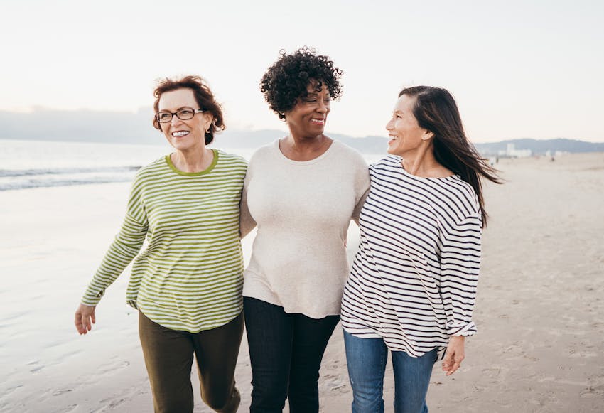 Three women walking on the beach