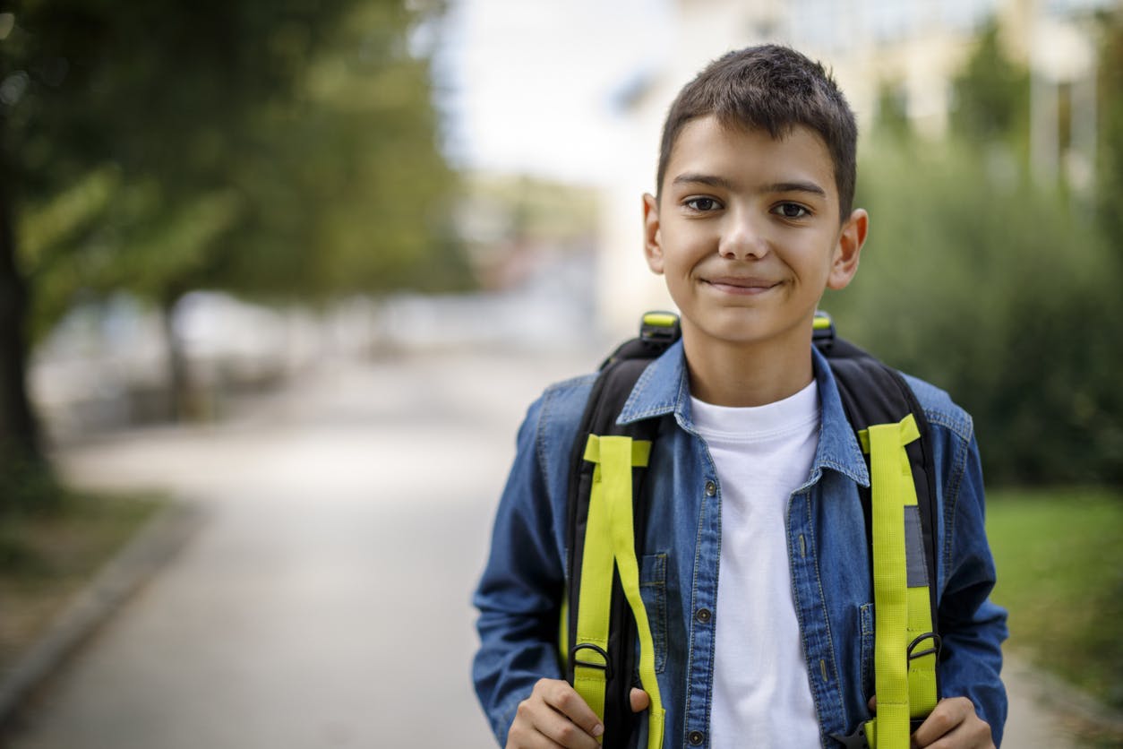 Smiling teenage boy with school bag in front of school