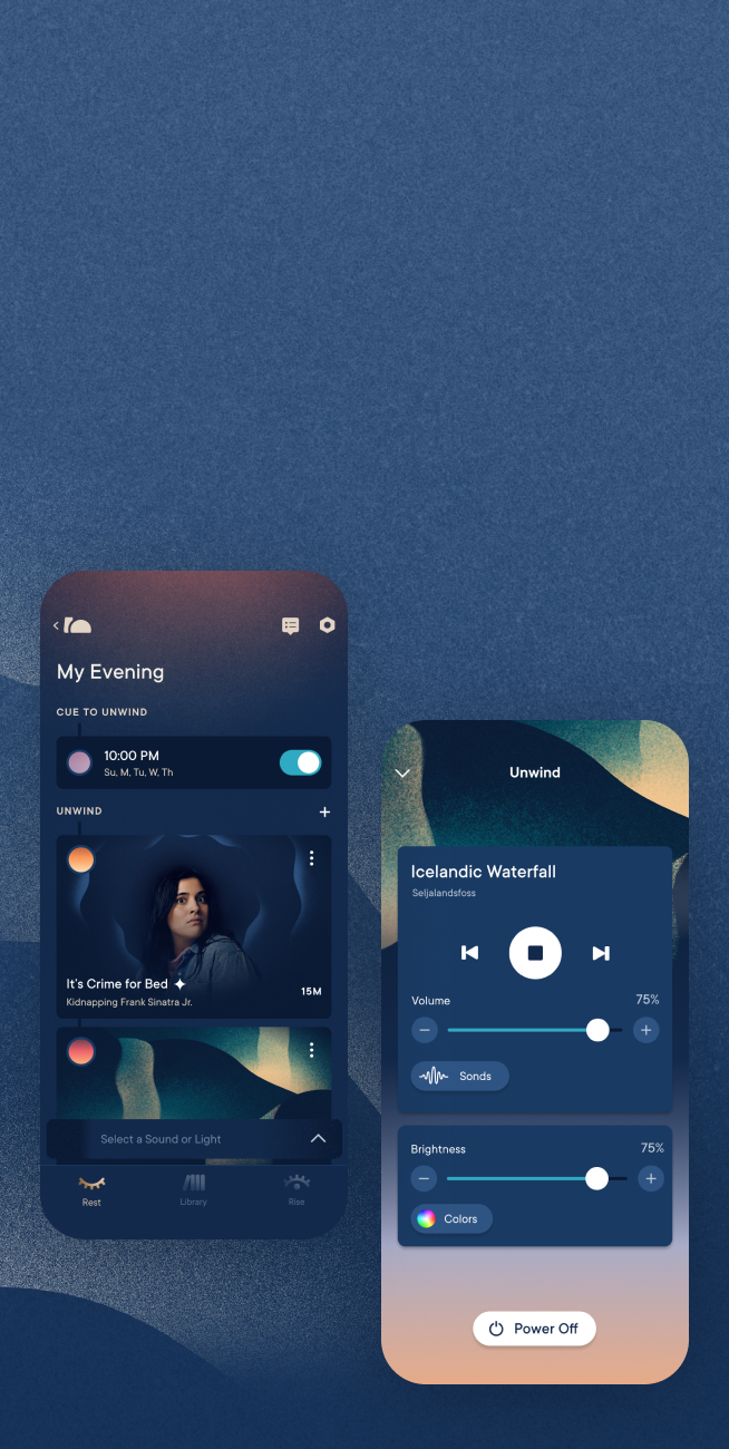 My Evening screen on Hatch Sleep app showcasing Icelandic Waterfall sounds
