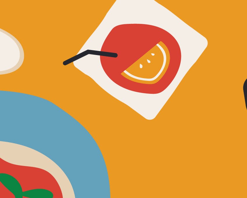 Illustrazione di un tavolo giallo con una rivista digitale, un piatto di carne e una fetta d'arancia su un tovagliolo.