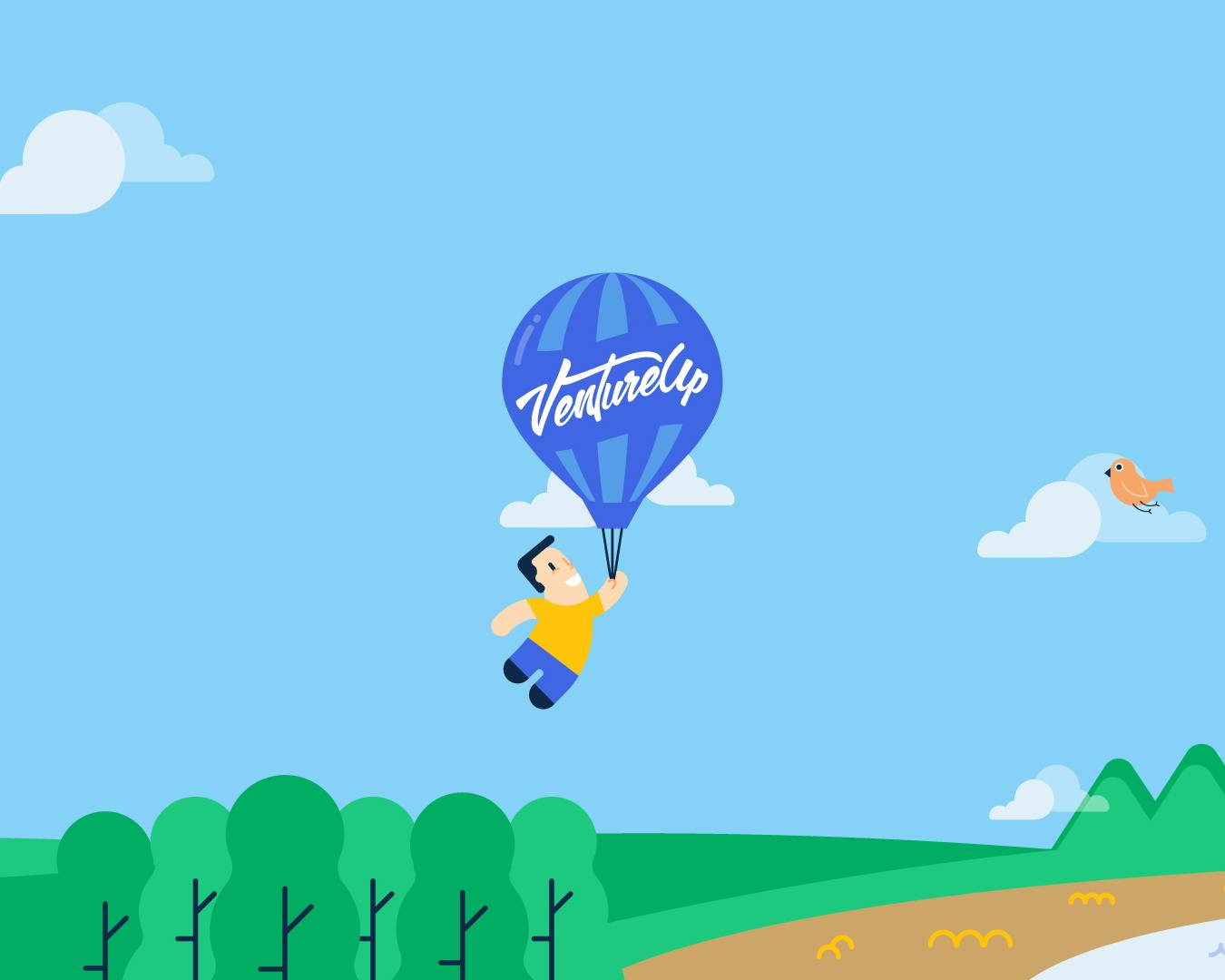 Un uomo stilizzato vola nel cielo azzurro tenendo un pallone blu con la scritta "VentureUp" sopra una foresta verde vicino a una spiaggia, mentre un uccellino vola accanto e il sole splende in lontananza.