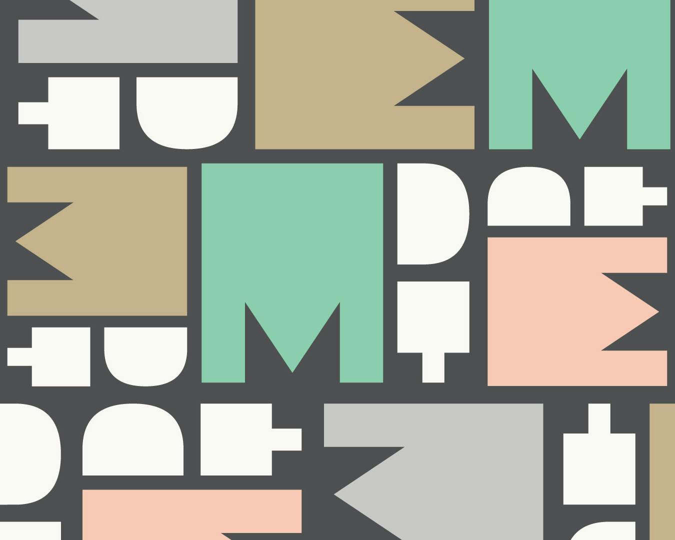 Illustrazione geometrica astratta con forme rettangolari, triangolari e quadrate dai colori pastello come verde menta, beige, rosa e grigio, disposte su uno sfondo grigio scuro, creando un design moderno e accattivante.