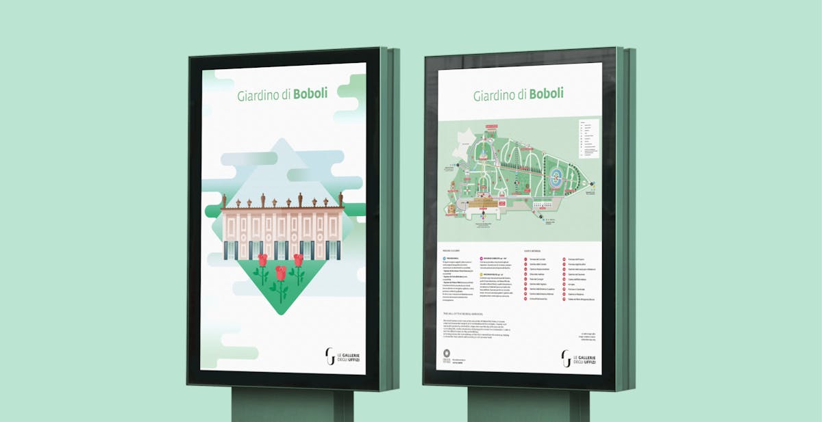 Mockup di due tabelloni con la mappa dei giardini di Boboli