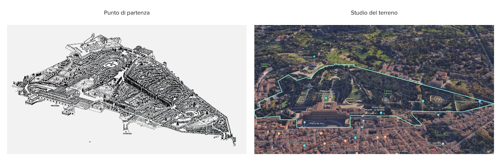 Una vista aerea del terreno del Giardino di Boboli e una mappa d'epoca