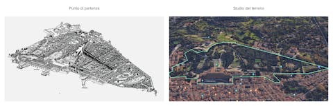 Studio del terreno del Giardino di Boboli Una vista aerea del terreno del Giardino di Boboli e una mappa d'epoca