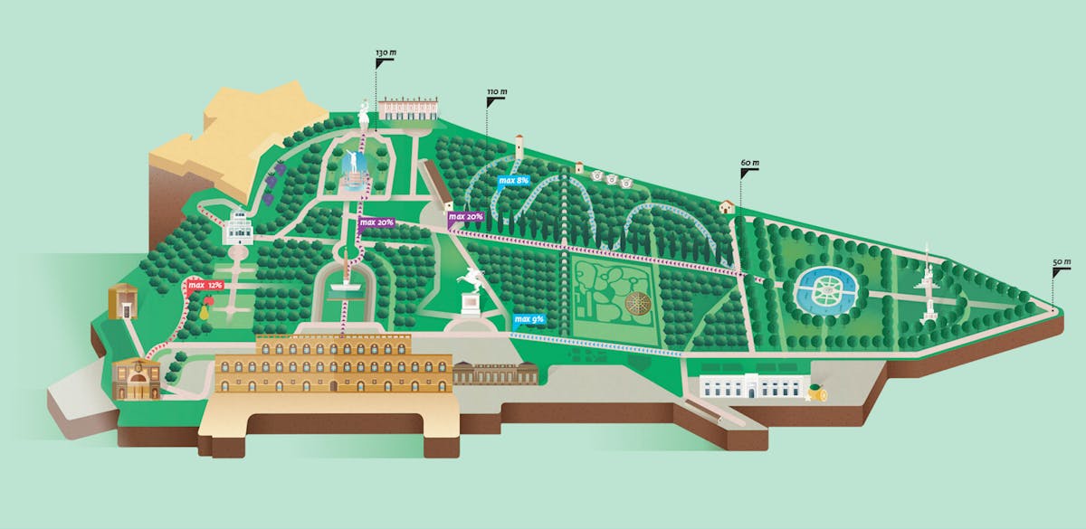 La mappa che Cantiere Creativo ha disegnato per le pendenze del Giardino di Boboli