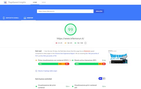 Risultati di un Page Speed test di un sito con DatoCMS Il Page Speed test fatto su un sito gestito con DatoCMS mostra le performance del sito desktop