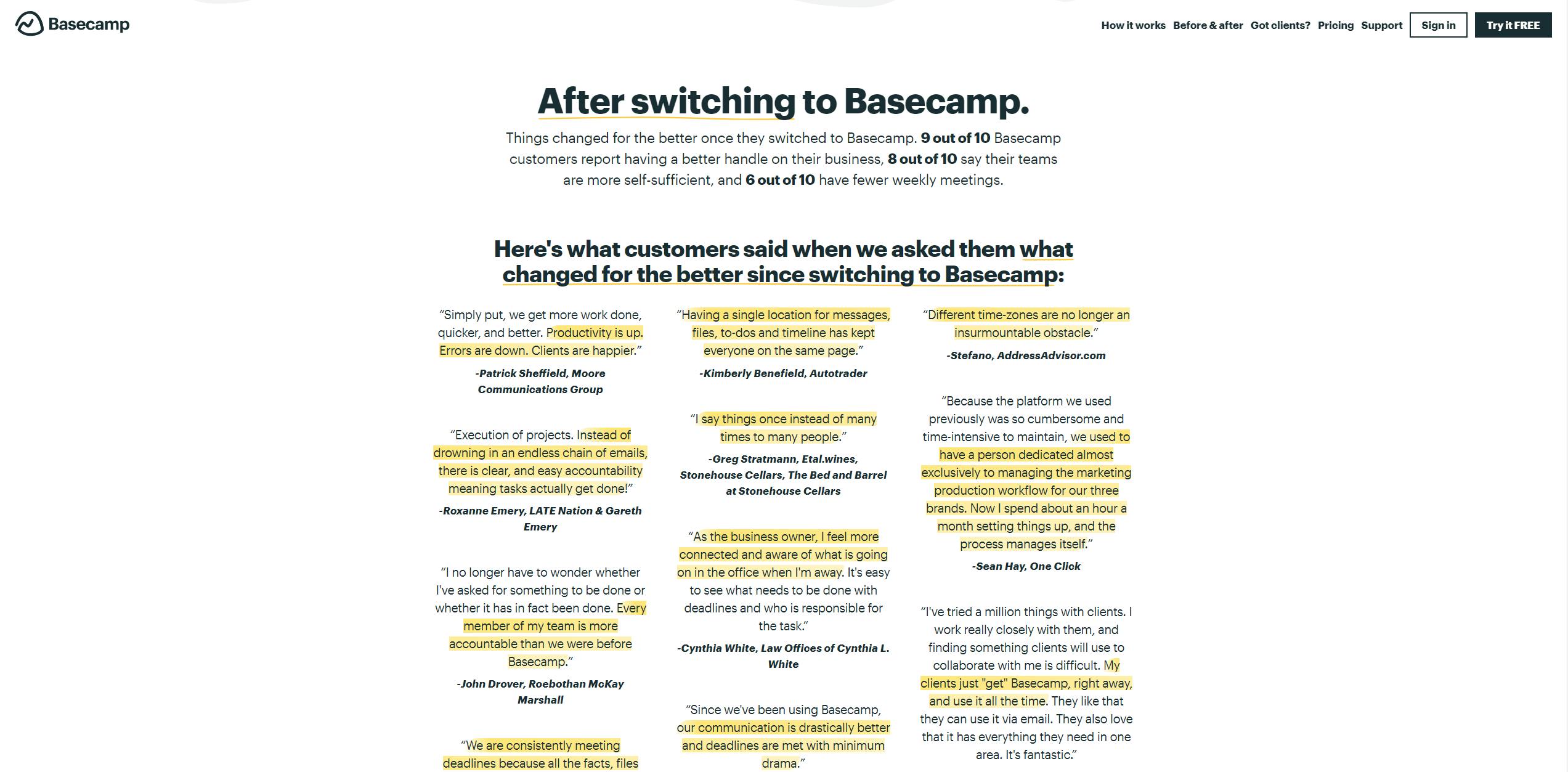 Basecamp sfrutta pesantemente le interviste ai propri clienti per la riprova sociale