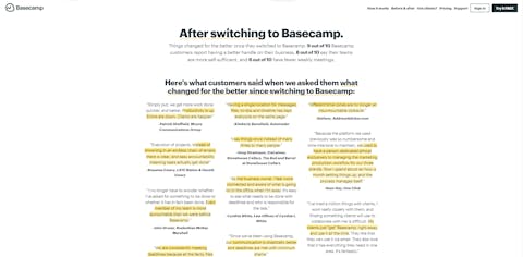 Social Proof di Basecamp Basecamp sfrutta pesantemente le interviste ai propri clienti per la riprova sociale