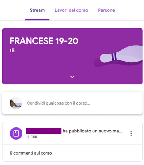 Stream materia su Google Classroom Il docente può condividere i compiti da fare e le lezioni direttamente nello Stream della classe
