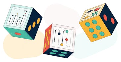 Illustrazioni di tre dadi stilizzati con grafici e simboli al posto dei numeri su una faccia.