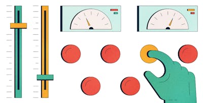 Illustrazione che mostra una persona premere un bottone giallo in una plancia colorata.
