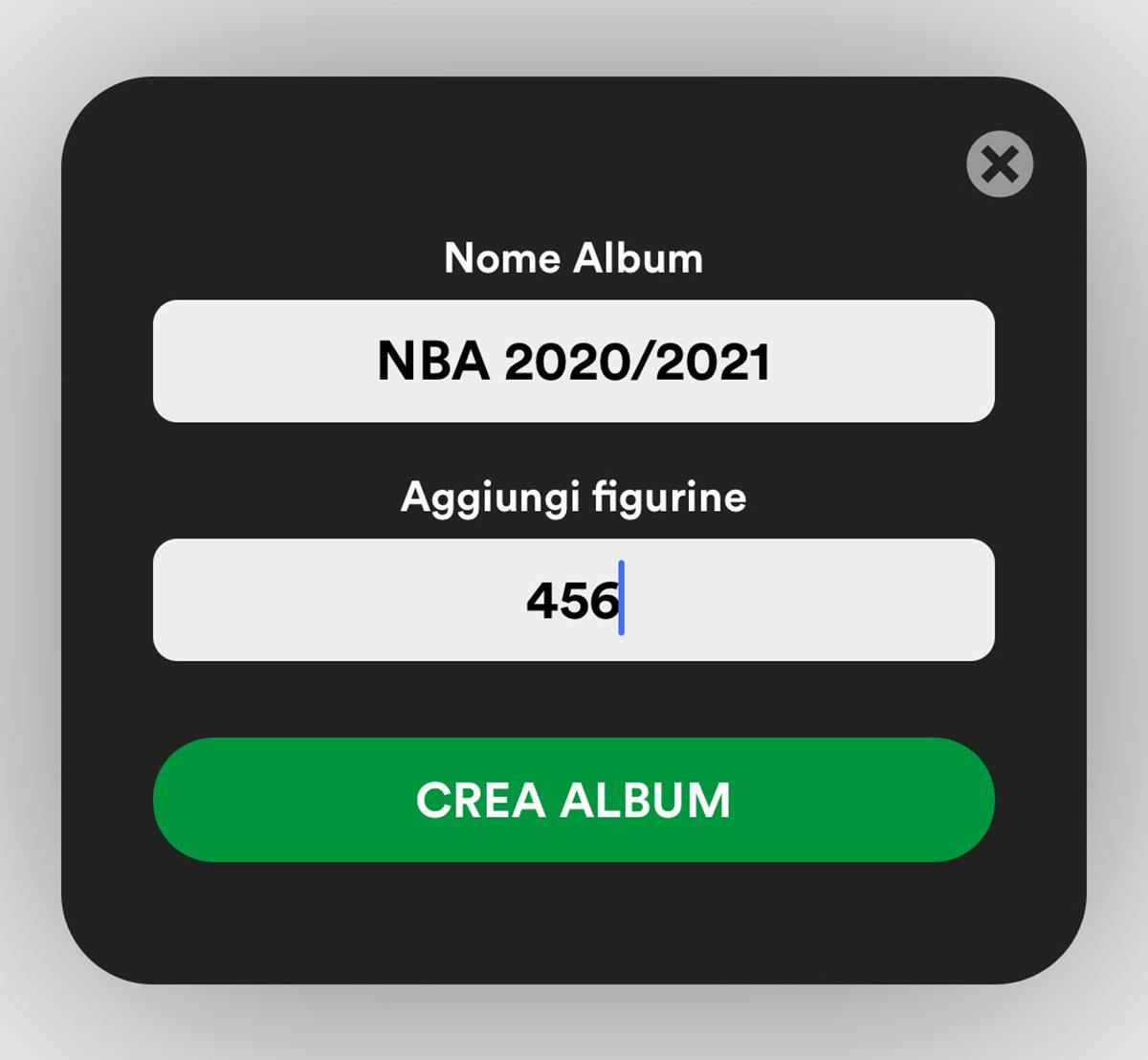 Il modale di creazione dell'album di Figu