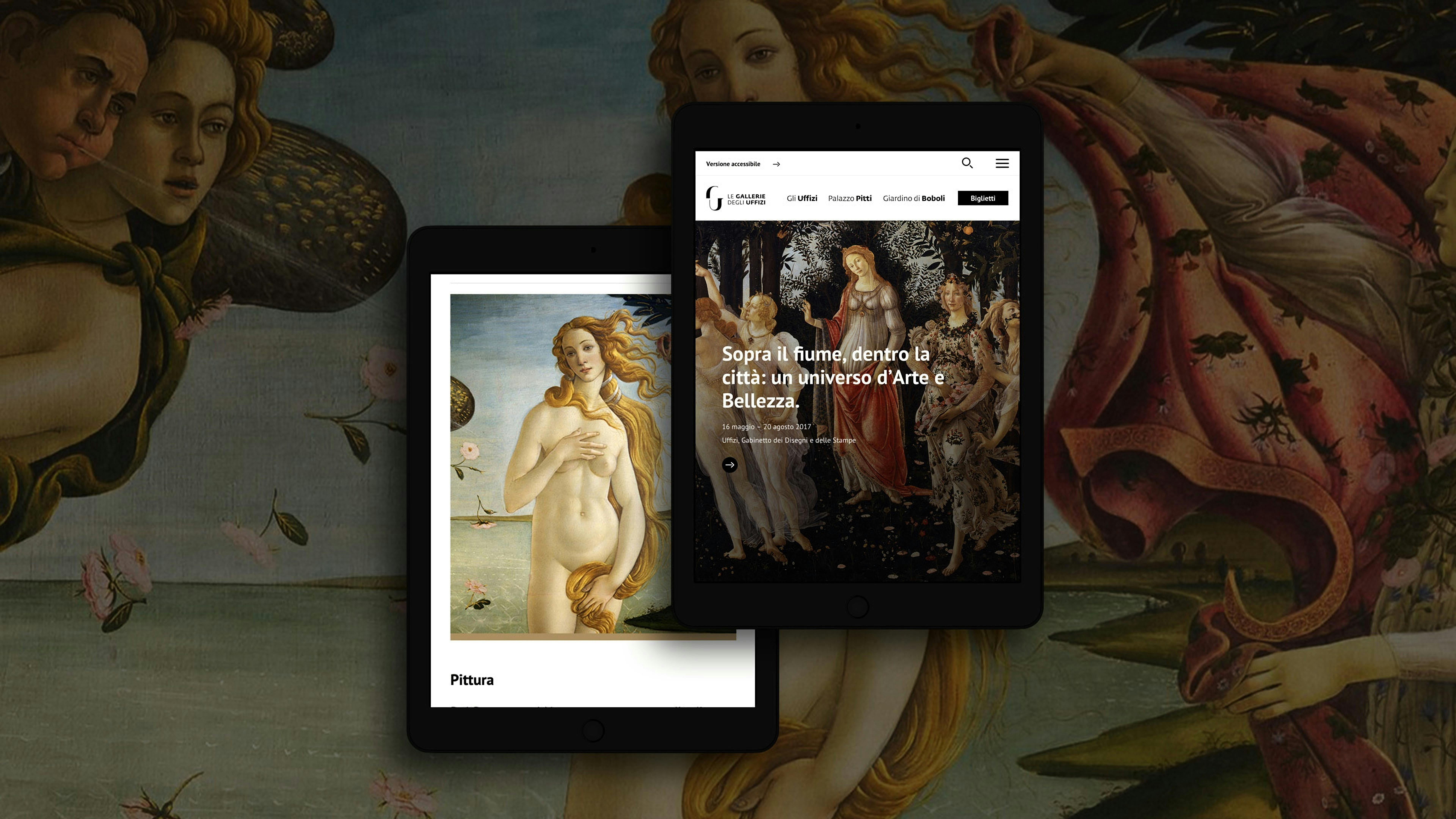 La cover del case study degli Uffizi, con un mockup di due tablet che mostrano homepage e opere del sito ufficiale.