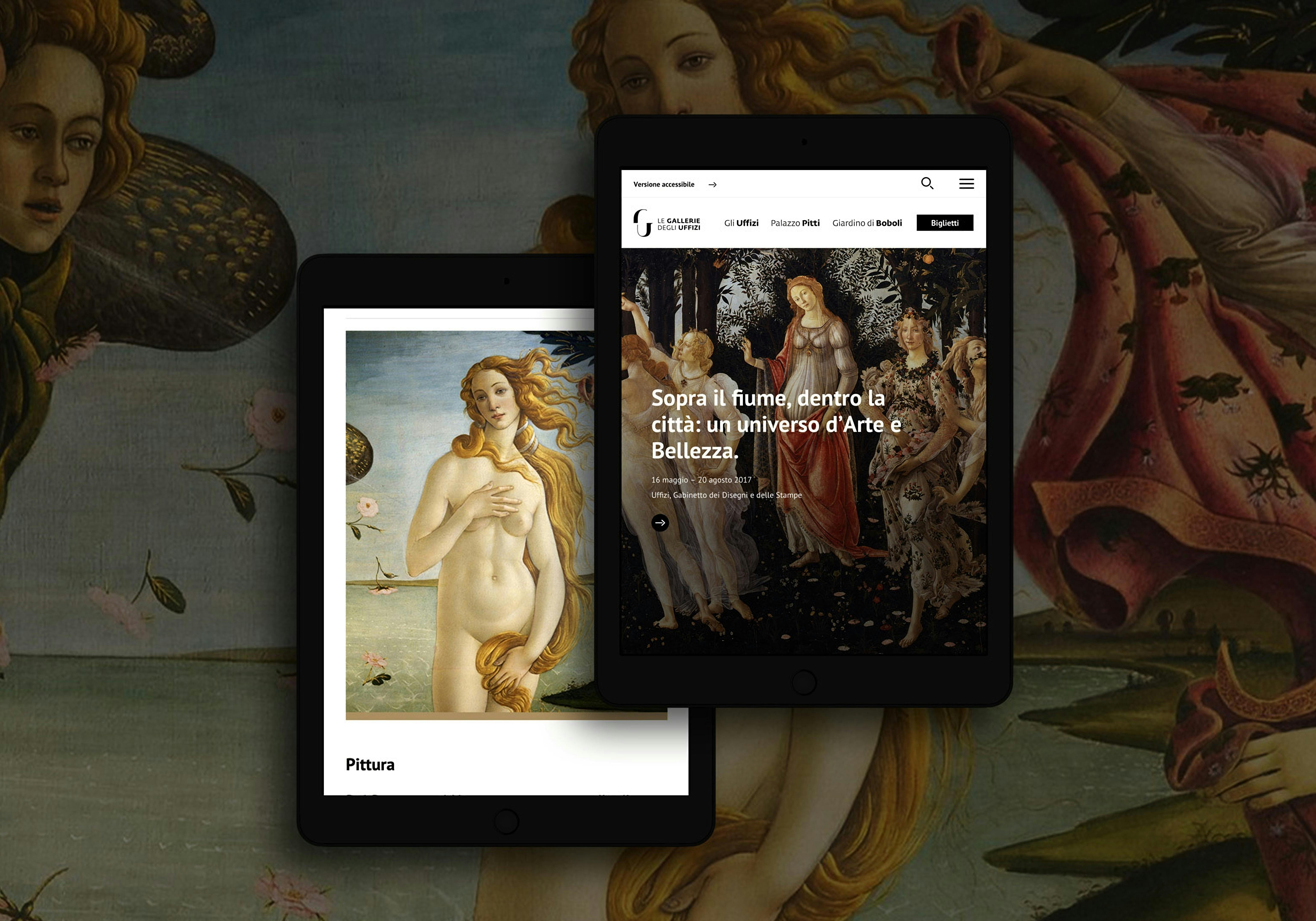La cover del case study degli Uffizi, con un mockup di due tablet che mostrano homepage e opere del sito ufficiale.
