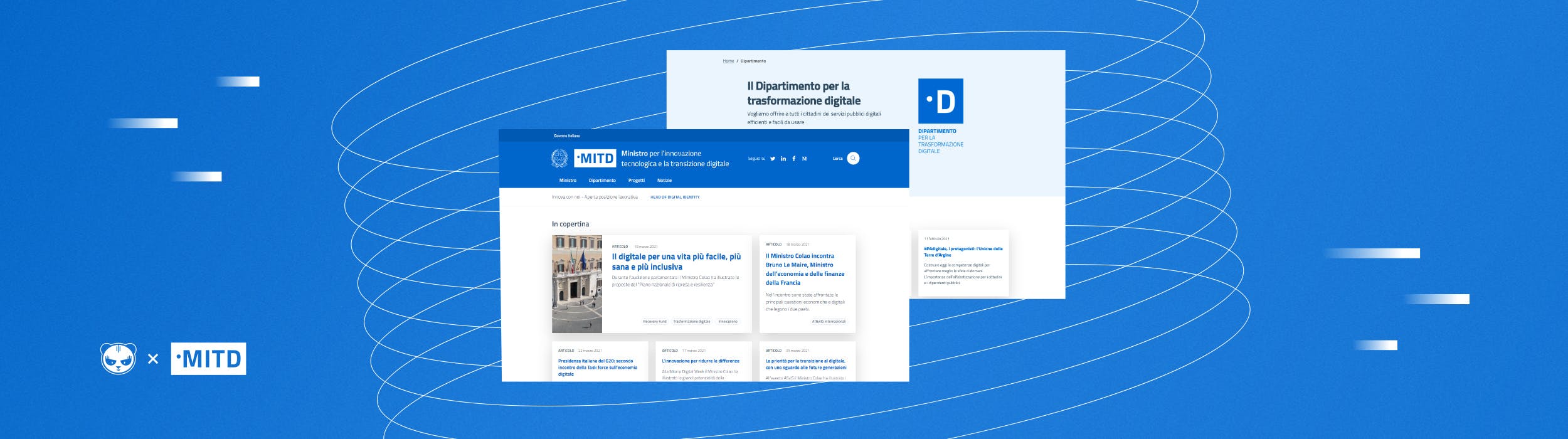 Copertina del Case Study del lavoro per MITD che rappresenta in maniera stilizzata due pagine del nuovo sito su sfondo blu