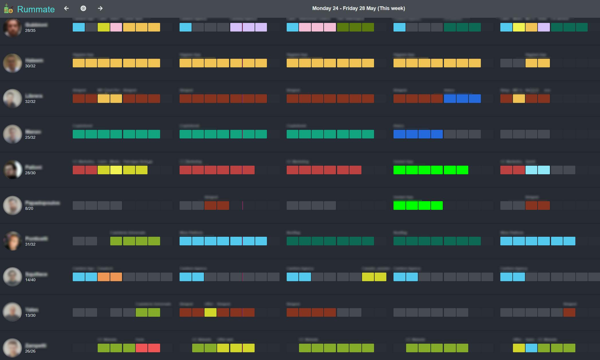 Schermata membri team e divisione dei progetti con quadrati colorati