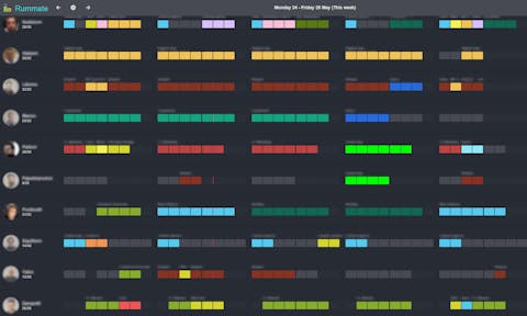 Screenshot Rummata Basecamp Schermata membri team e divisione dei progetti con quadrati colorati