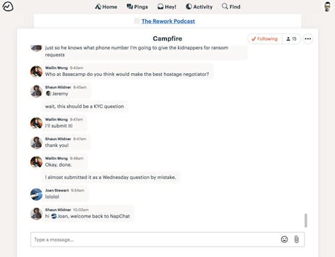 Screenshot Campfire Basecamp Schermata di una chat tra team e clienti