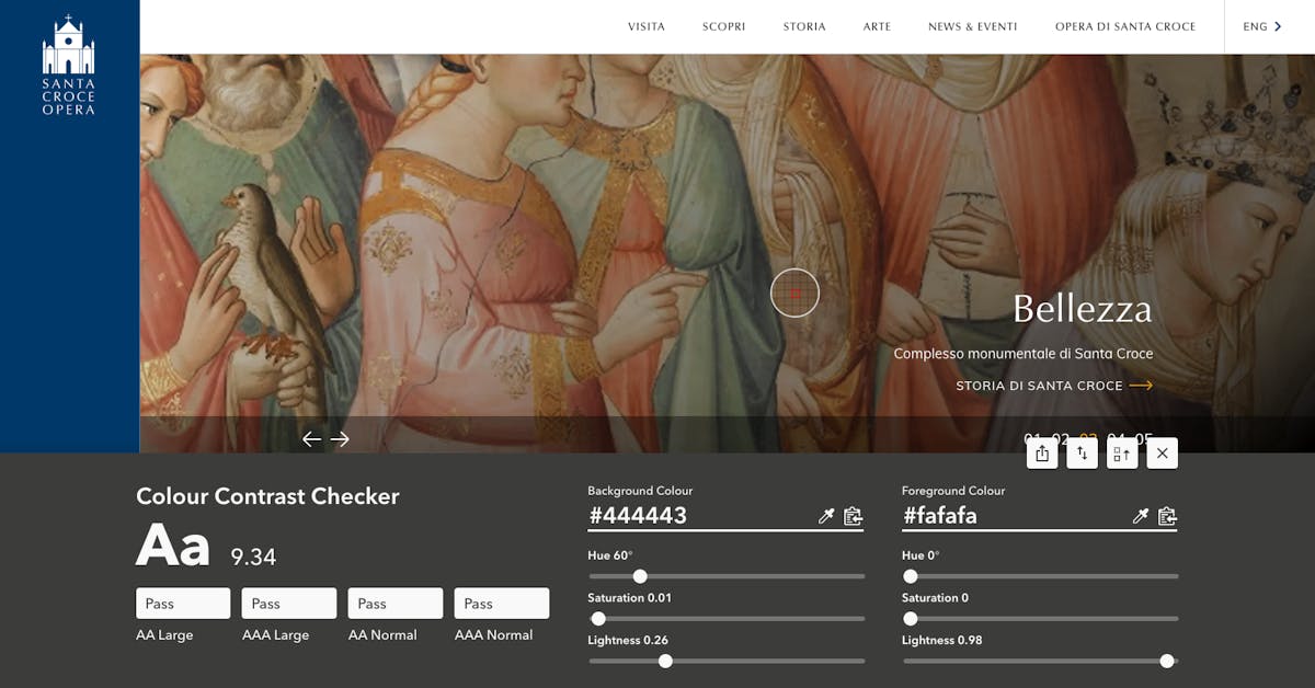 Esempio di utilizzo dell'estensione Colour Contrast Checker sul browser Google Chrome