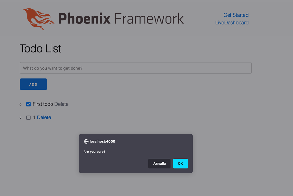 Al click del link sarà richiamato l'handle `delete-todo` con il parametro `todo.id`. Di conseguenza verrà prelevato il task con il relativo id e cancellato dal database.