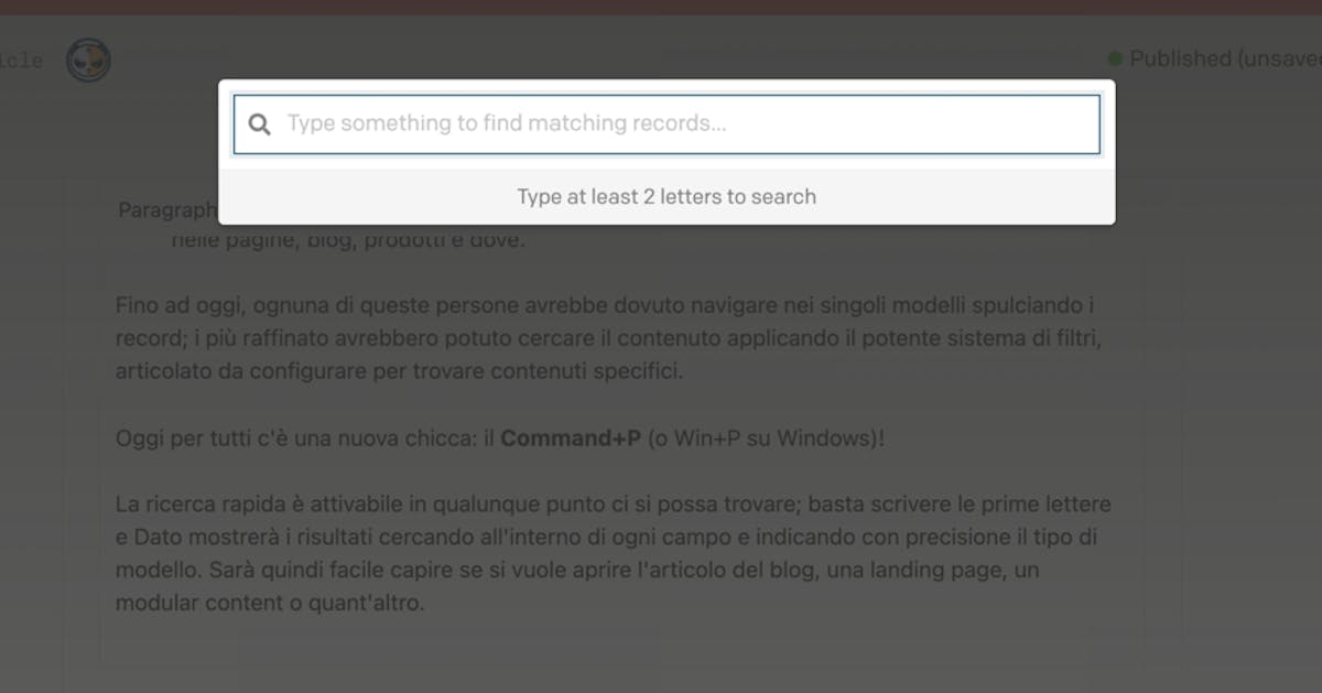 Esempio di input della ricerca rapida