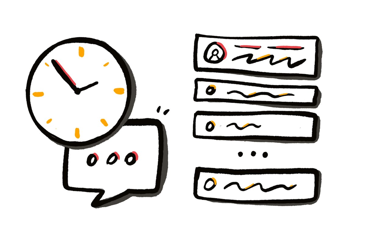 illustrazione di un orologio e un simbolo di chat e una rappresentazione di una message board