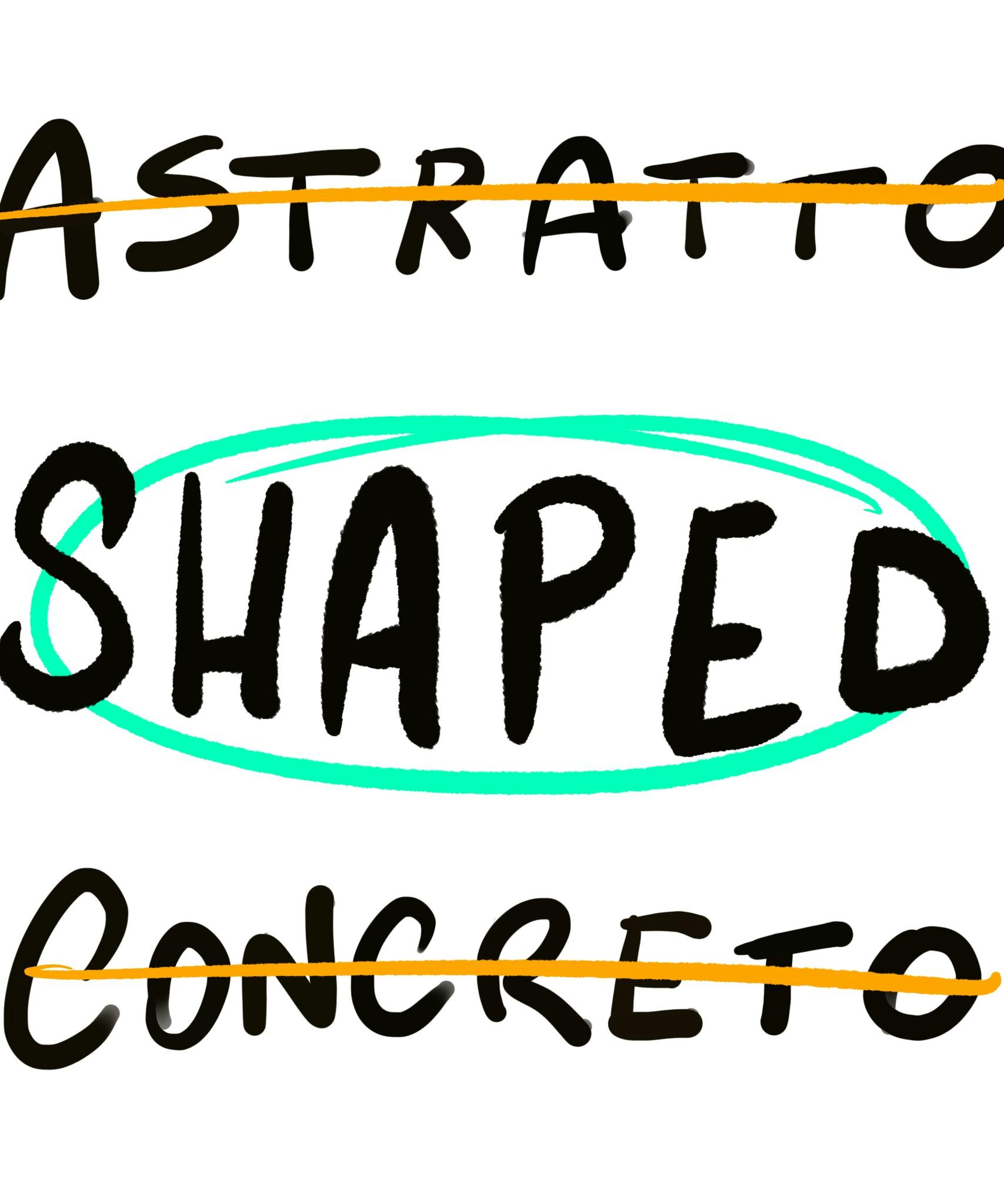 illustrazione con scritto astratto e concreto barrato ed evidenzia shaped