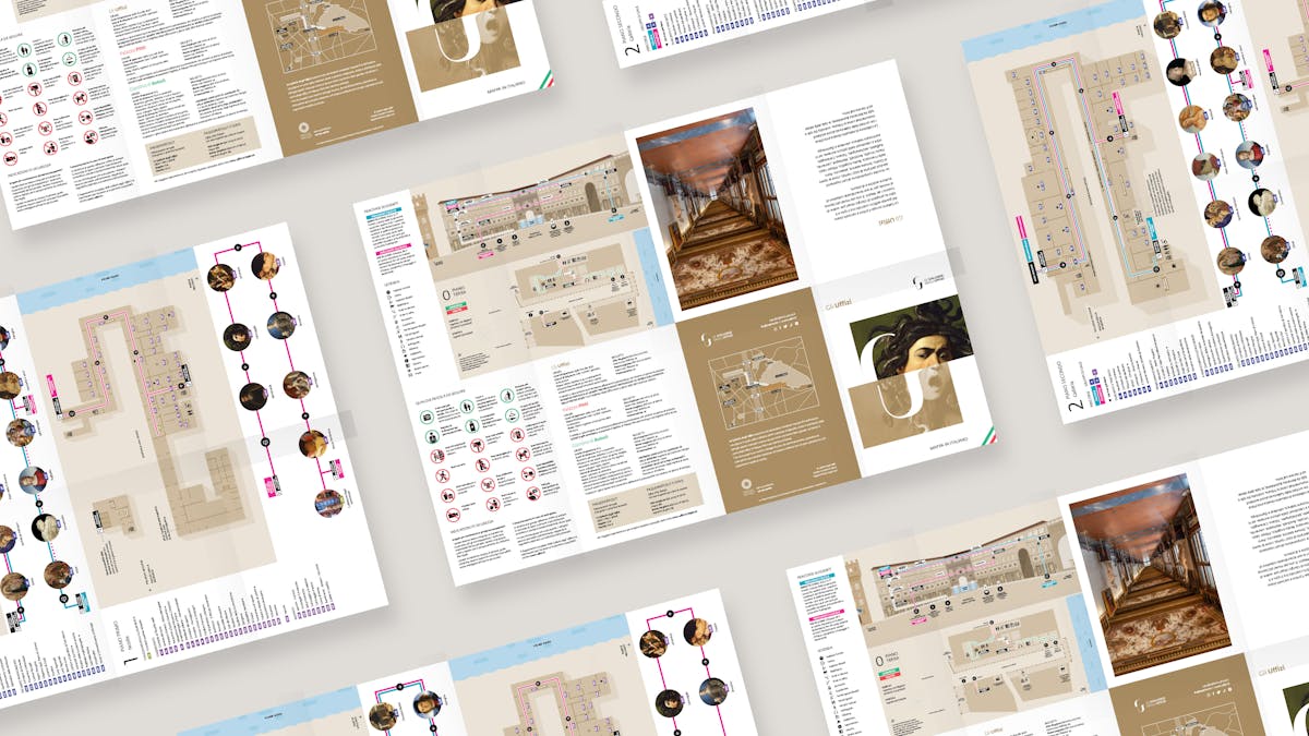 Different pages of the Uffizi Map on a background