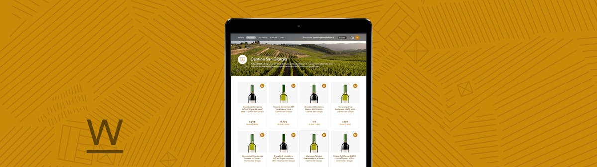 A mockup of Wineplatform on tablet on a striped yellow background