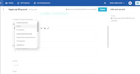Inserisci nel body i blocchi tramite lo / Schermata di DatoCMS che mostra le opzioni di blocchi disponibili