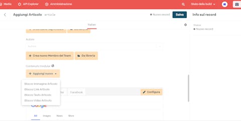 Dato CMS permette la gestione a contenuti modulari Schermata che mostra i blocchi disponibili per i contenuti modulari