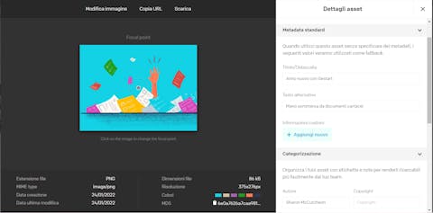 Dato CMS permette di rinominare e inserire metadati delle immagini Schermata della media area con i campi per rinominare e per i metadati delle immagini